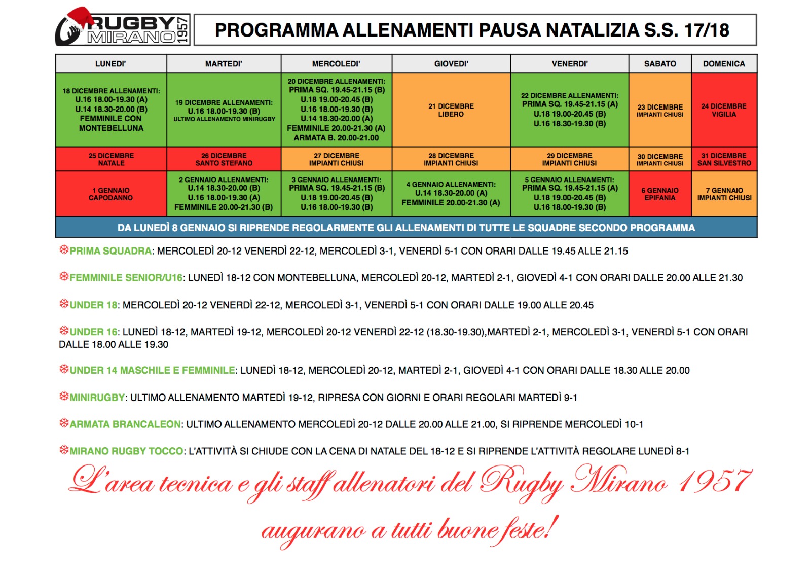 La programmazione delle attività durante la pausa natalizia.