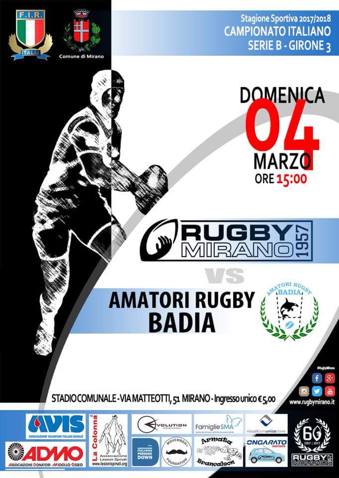 La locandina dell'incontro Rugby Mirano 1957 vs Borsari Rugby Badia del 4 marzo 2018.